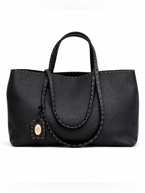 FENDI Selleria Black Whipstitched Pebbled Leather & Suede Large Tote